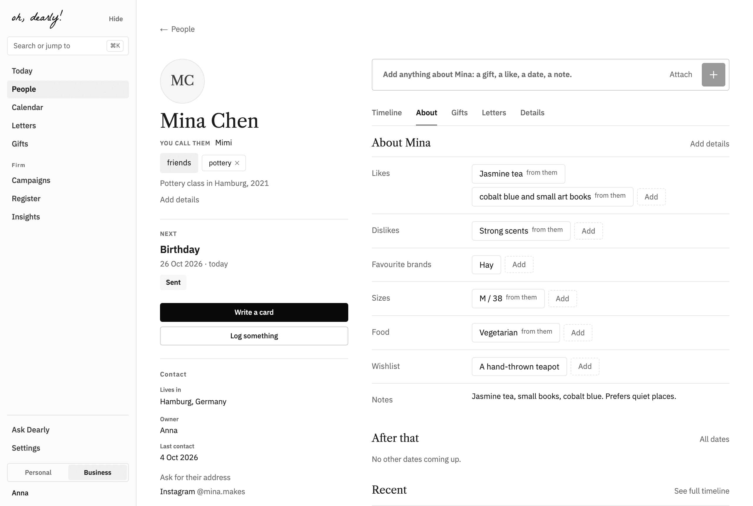 The page for one person: what she likes and dislikes, her sizes, food and wishlist, the name you call her, and her birthday next.