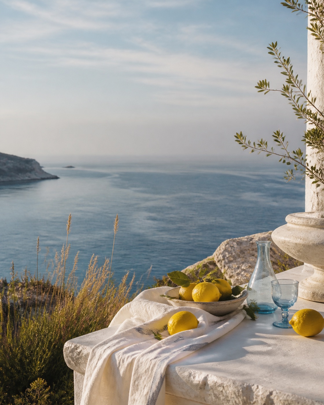 Lemons and blue glasses by the sea
