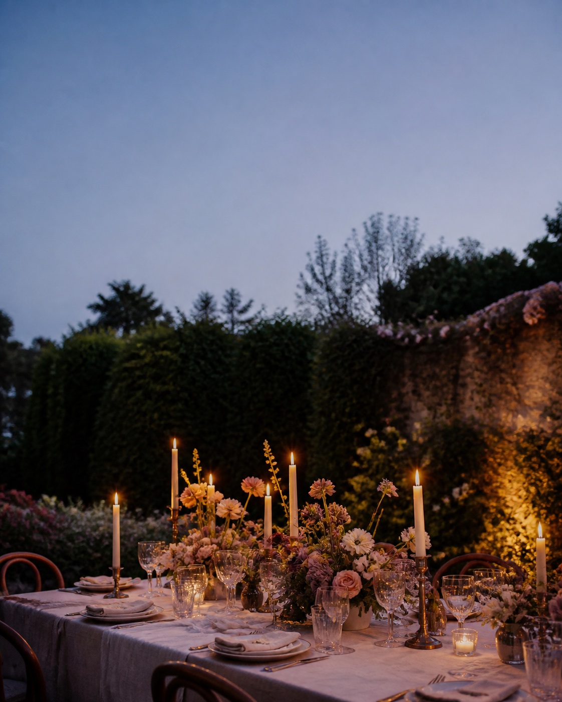 Candlelit dinner table in a garden