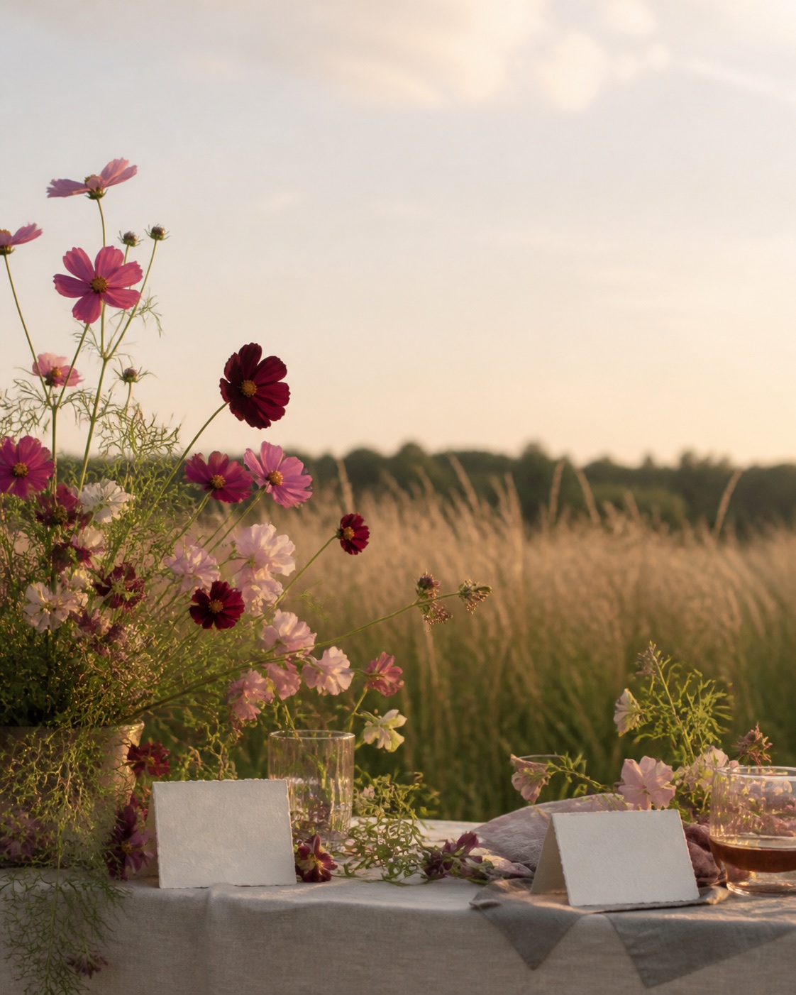Wildflowers and place cards at sunset